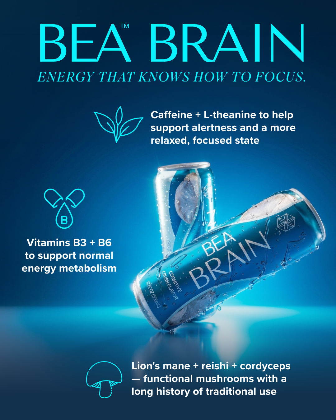 BEA Brain — electric blue energy drink for mental clarity
